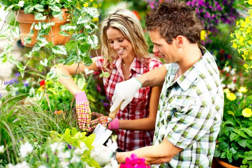 Professional lawn mower servicing a garden
