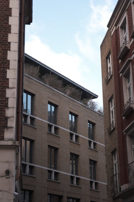 A narrow urban courtyard surrounded by tall brick buildings, with one modern building featuring large rectangular windows and horizontal concrete accents. The roof of the building has a rooftop garden